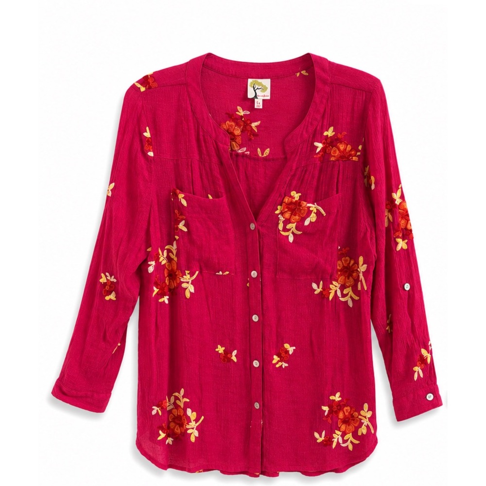Fig and Flower Fuchsia Pink Embroidered Gauze Boho Floral Blouse Top 1X